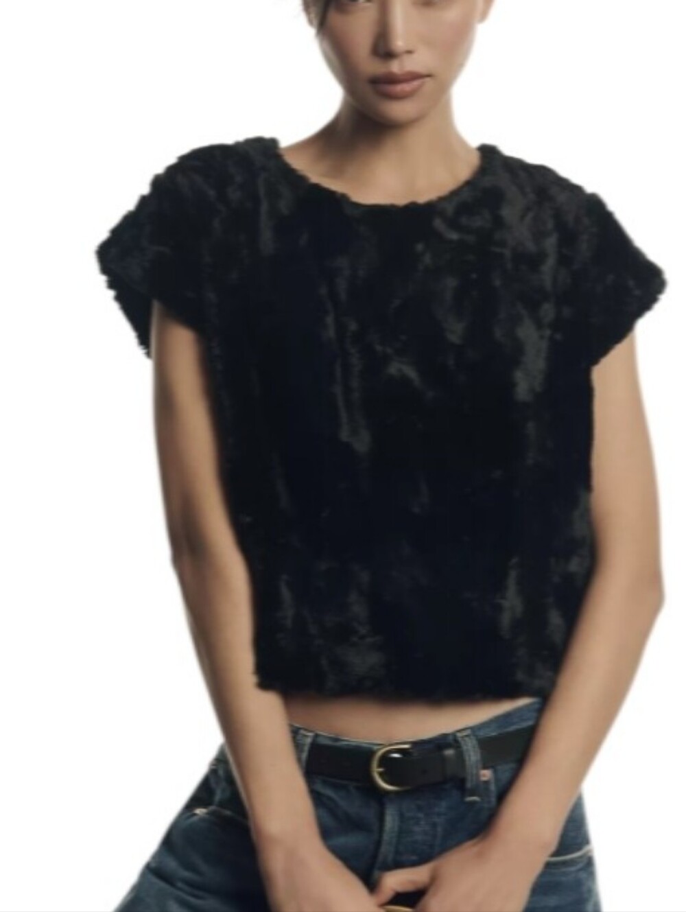 Maeve Anthropologie Black Faux-Fur Tee Short Sleeve-NWT